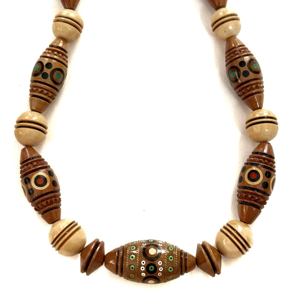 Handcrafted Painted Wooden Long Beaded Necklace Brown Beige Bohemian Boho Tribal